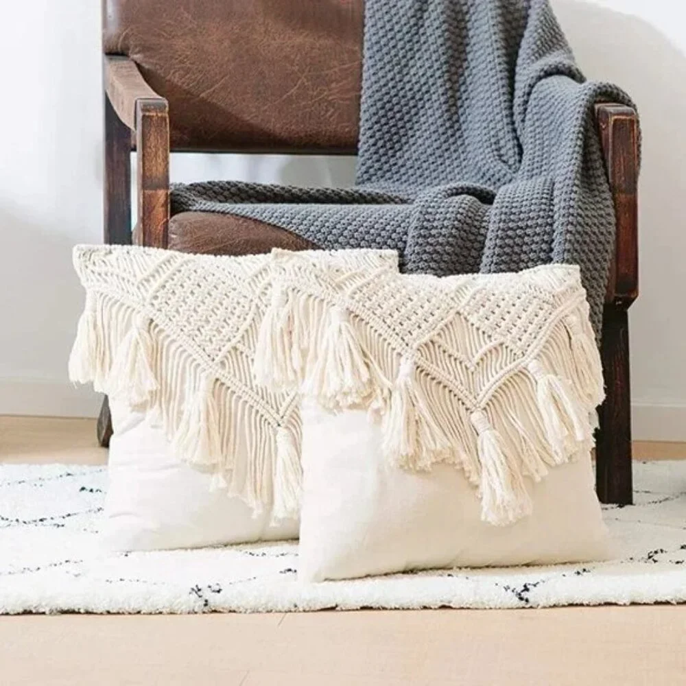 Tassel Macrame Throw Pillow Boho Indie Case Cushion Cover for Bed/Sofa/Patio